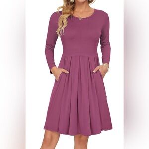 Women's Long Sleeve Fall Dress Casual Pleated Loose Swing Dress with Pockets